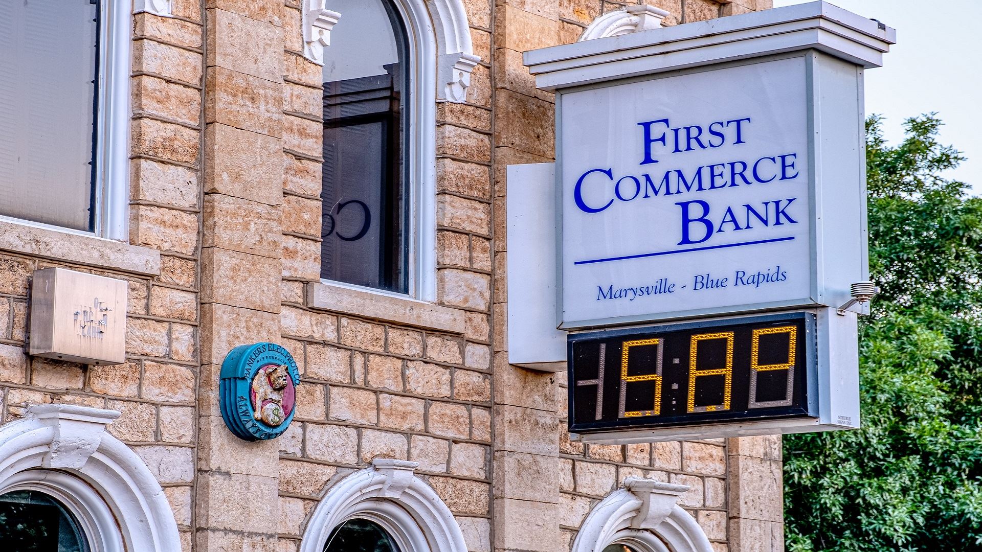 First Commerce Bank building and sign